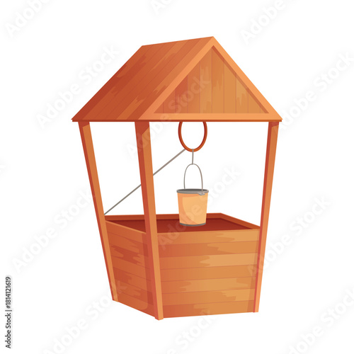 Old village water well, wooden bucket hanging on rope on crank pulley vector illustration