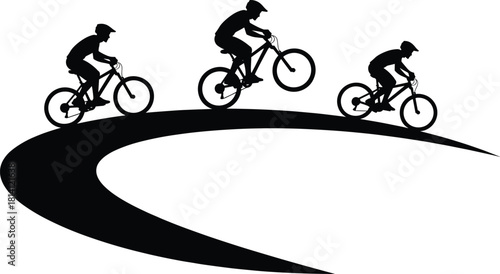 Cyclist silhouette vector showing motion and wheelie on curved path, ideal for sports, biking, action, and animation design themes
