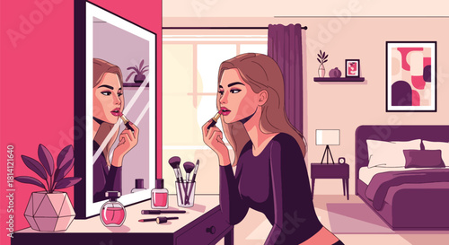 Modern vector woman applying lipstick before a mirror with clean geometric décor. Ideal for beauty ads, makeup tutorials, cosmetic branding, and feminine lifestyle visuals