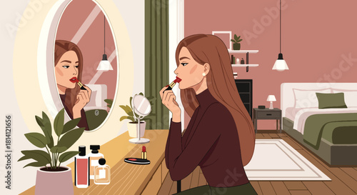 Modern vector woman applying lipstick before a mirror with clean geometric décor. Ideal for beauty ads, makeup tutorials, cosmetic branding, and feminine lifestyle visuals