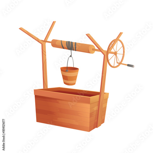 Old village water well with vintage wooden bucket on crank pulley vector illustration