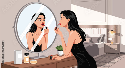 Modern vector woman applying lipstick before a mirror with clean geometric décor. Ideal for beauty ads, makeup tutorials, cosmetic branding, and feminine lifestyle visuals
