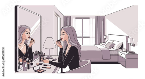 Modern vector woman applying lipstick before a mirror with clean geometric décor. Ideal for beauty ads, makeup tutorials, cosmetic branding, and feminine lifestyle visuals
