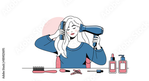 Vector woman brushing hair surrounded by dryer, comb, and serum icons. Ideal for haircare branding, salon graphics, product packaging, and beauty lifestyle visuals