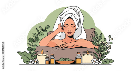 Vector woman relaxing with towel headwrap, candles, and essential oils. Ideal for spa promotions, wellness branding, aromatherapy visuals, and calm self-care designs
