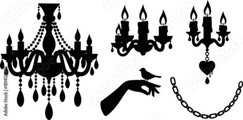 Elegant black chandelier candle holder decorative hanging light vintage style vector illustration