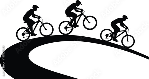 Cyclist silhouette vector showing uphill, airborne, and downhill motion on curved path, ideal for sports, biking, momentum, and animation themesCyclist silhouette vector showing uphill, airborne, and 