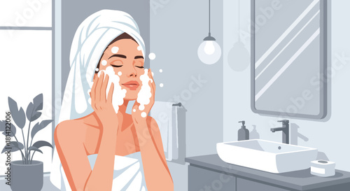 Vector woman washing face with bubbles and fresh blue bathroom shapes. Ideal for skincare tutorials, cleansing product ads, wellness apps, and hygiene visuals