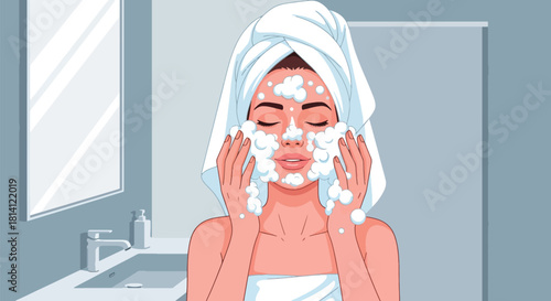 Vector woman washing face with bubbles and fresh blue bathroom shapes. Ideal for skincare tutorials, cleansing product ads, wellness apps, and hygiene visuals