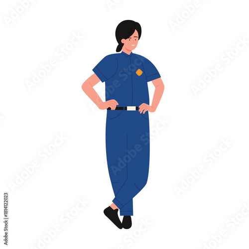 Girl in police uniform standing, young woman holding hands on waist vector illustration