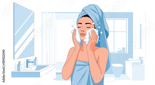 Vector woman washing face with bubbles and fresh blue bathroom shapes. Ideal for skincare tutorials, cleansing product ads, wellness apps, and hygiene visuals