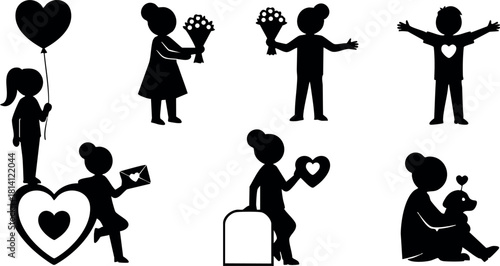 Silhouette children holding hearts and flowers love family affection romance vector illustration