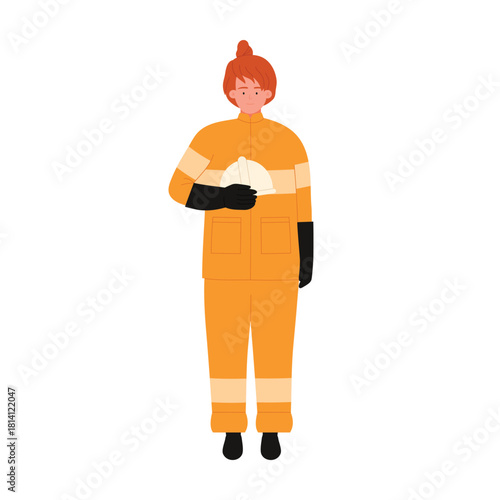 Woman in firefighter uniform holding helmet and standing vector illustration