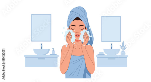 Vector woman washing face with bubbles and fresh blue bathroom shapes. Ideal for skincare tutorials, cleansing product ads, wellness apps, and hygiene visuals