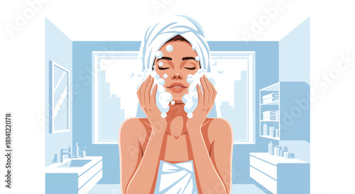Vector woman washing face with bubbles and fresh blue bathroom shapes. Ideal for skincare tutorials, cleansing product ads, wellness apps, and hygiene visuals