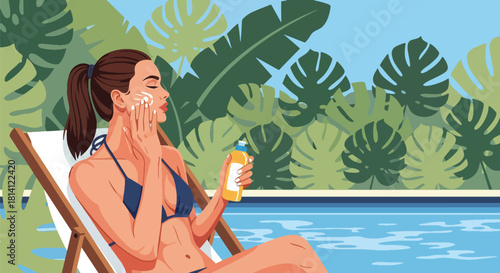 Vector woman applying sunscreen in tropical pool. Ideal for summer skincare campaigns, UV protection ads, cosmetic visuals, and wellness design