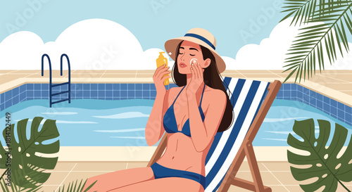 Vector woman applying sunscreen in tropical pool. Ideal for summer skincare campaigns, UV protection ads, cosmetic visuals, and wellness design