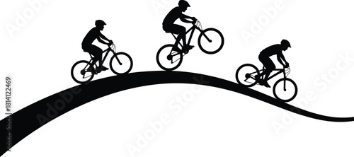Cyclist silhouette vector showing uphill, wheelie, and downhill motion on curved path, ideal for biking, sports, action, and animation themes