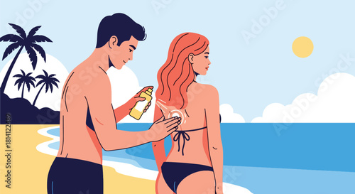 Couple applying sunscreen on the beach during summer vacation. Man rubs lotion on woman's back to ensure sun protection. Represents skincare, travel, romance, and holiday relaxation