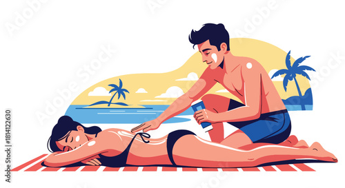 Couple applying sunscreen on the beach during summer vacation. Man rubs lotion on woman's back to ensure sun protection. Represents skincare, travel, romance, and holiday relaxation