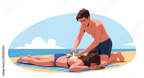 Couple applying sunscreen on the beach during summer vacation. Man rubs lotion on woman's back to ensure sun protection. Represents skincare, travel, romance, and holiday relaxation