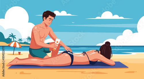 Couple applying sunscreen on the beach during summer vacation. Man rubs lotion on woman's back to ensure sun protection. Represents skincare, travel, romance, and holiday relaxation