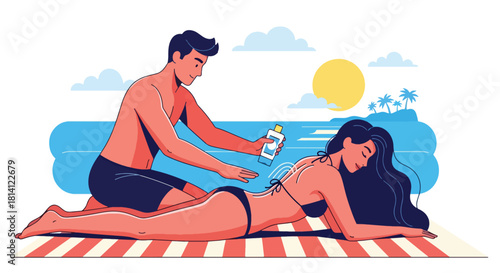 Couple applying sunscreen on the beach during summer vacation. Man rubs lotion on woman's back to ensure sun protection. Represents skincare, travel, romance, and holiday relaxation