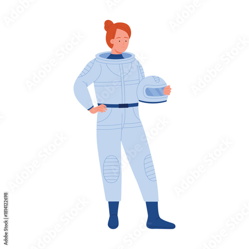 Woman in protective astronaut suit holding helmet, girl standing vector illustration