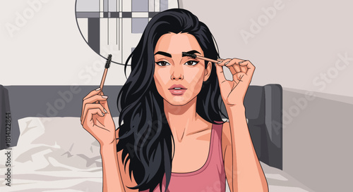 Vector woman brushing eyebrows with spoolie brush and minimal décor. Ideal for beauty tutorials, brow product ads, cosmetic branding, and grooming visuals