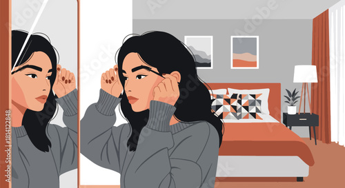 Vector woman brushing eyebrows with spoolie brush and minimal décor. Ideal for beauty tutorials, brow product ads, cosmetic branding, and grooming visuals