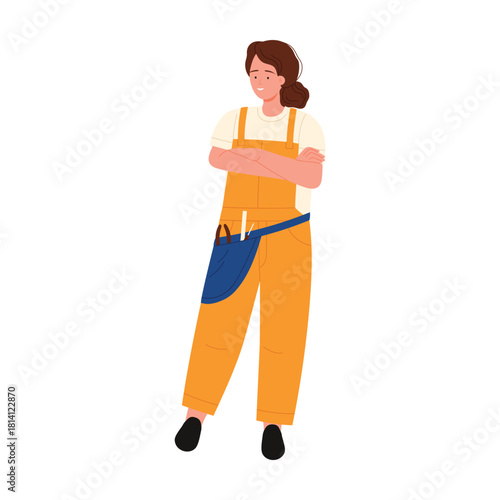 Girl in yellow overalls of worker, repairman or builder, tools for work in belt pocket vector illustration