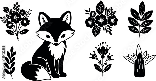 Cute fox with decorative floral elements vector illustration black and white nature design animal art
