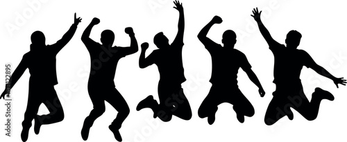 Silhouette of five jumping people celebrating happiness joy active lifestyle energy movement freedom fun outdoors dynamic