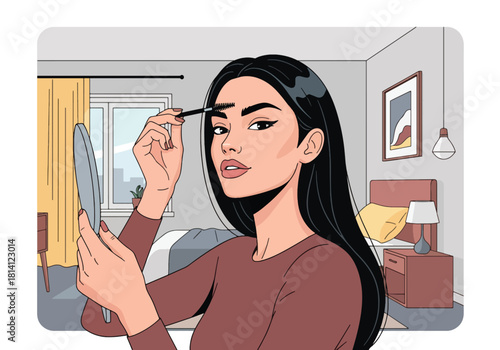 Vector woman brushing eyebrows with spoolie brush and minimal décor. Ideal for beauty tutorials, brow product ads, cosmetic branding, and grooming visuals