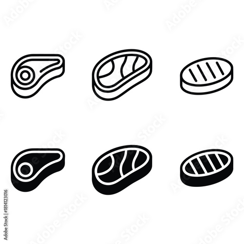 Collection of steak icons in outline and solid styles