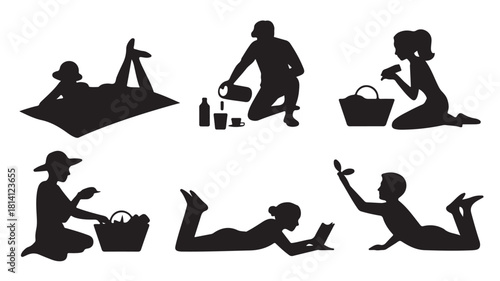 Set of picnic silhouettes people enjoying outdoor activities vector illustration isolated on white background