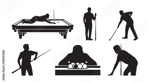 Set of billiard player silhouettes vector illustrations of different poses isolated on white background
