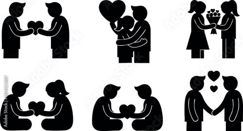 Silhouette couple love romance heart gift affection relationship icons vector illustration