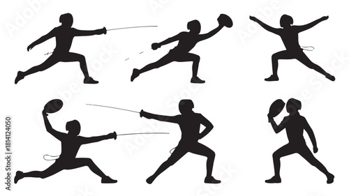 Fencing silhouettes in various poses vector illustration of fencers with foils and masks isolated on white background