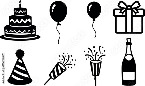 Birthday party celebration icons vector cake balloons gift hat champagne festive elements