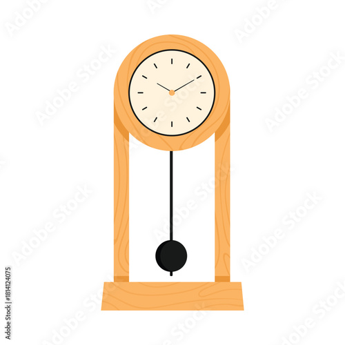 Vintage yellow clock with hanging ticking pendulum and dial with hands vector illustration