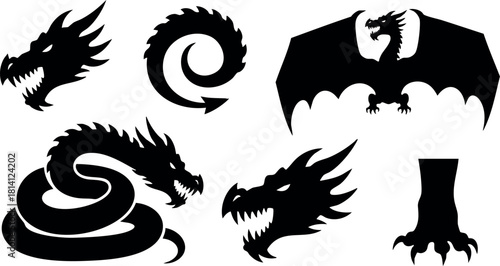 Dragon silhouette set collection black mythical creature wings claws tail fire breath fantasy design vector illustration
