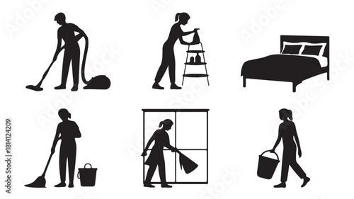 Set of cleaning icons vector silhouette illustration of people cleaning isolated on white background