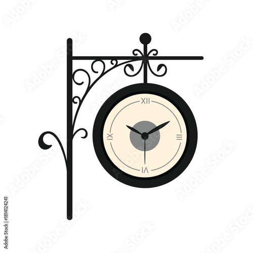 Outdoor vintage hanging clock on metal pin with round dial, hands and Roman numerals vector illustration