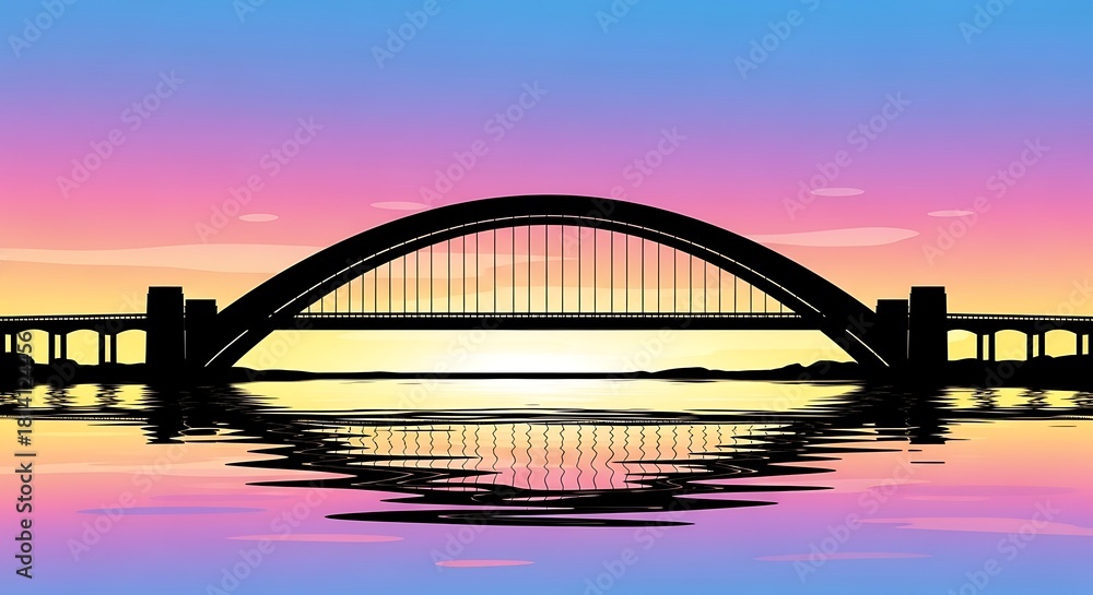 Naklejka premium Bridge Silhouette at Sunset Reflected in Water with Gradient Sky Design
