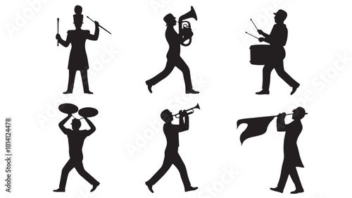 Marching band silhouettes vector illustration of musicians playing instruments isolated on white background