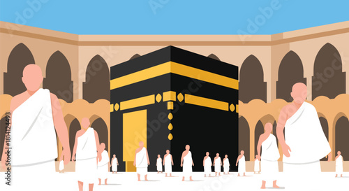 Pilgrims in ihram performing Tawaf around the Kaaba in Masjid al-Haram. Ideal for Islamic education, Hajj guides, Umrah content, travel visuals, and spiritual illustrations