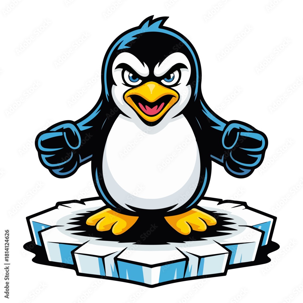 Obraz premium Angry Penguin Mascot Standing on Iceberg Vector Illustration Featuring Fierce Expression and Bold Cartoon Style for Sports Logos and Branding