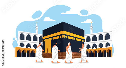 Pilgrims in ihram performing Tawaf around the Kaaba in Masjid al-Haram. Ideal for Islamic education, Hajj guides, Umrah content, travel visuals, and spiritual illustrations