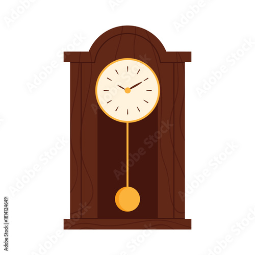 Antique wall hanging clock with dial and ticking golden pendulum to measure time vector illustration